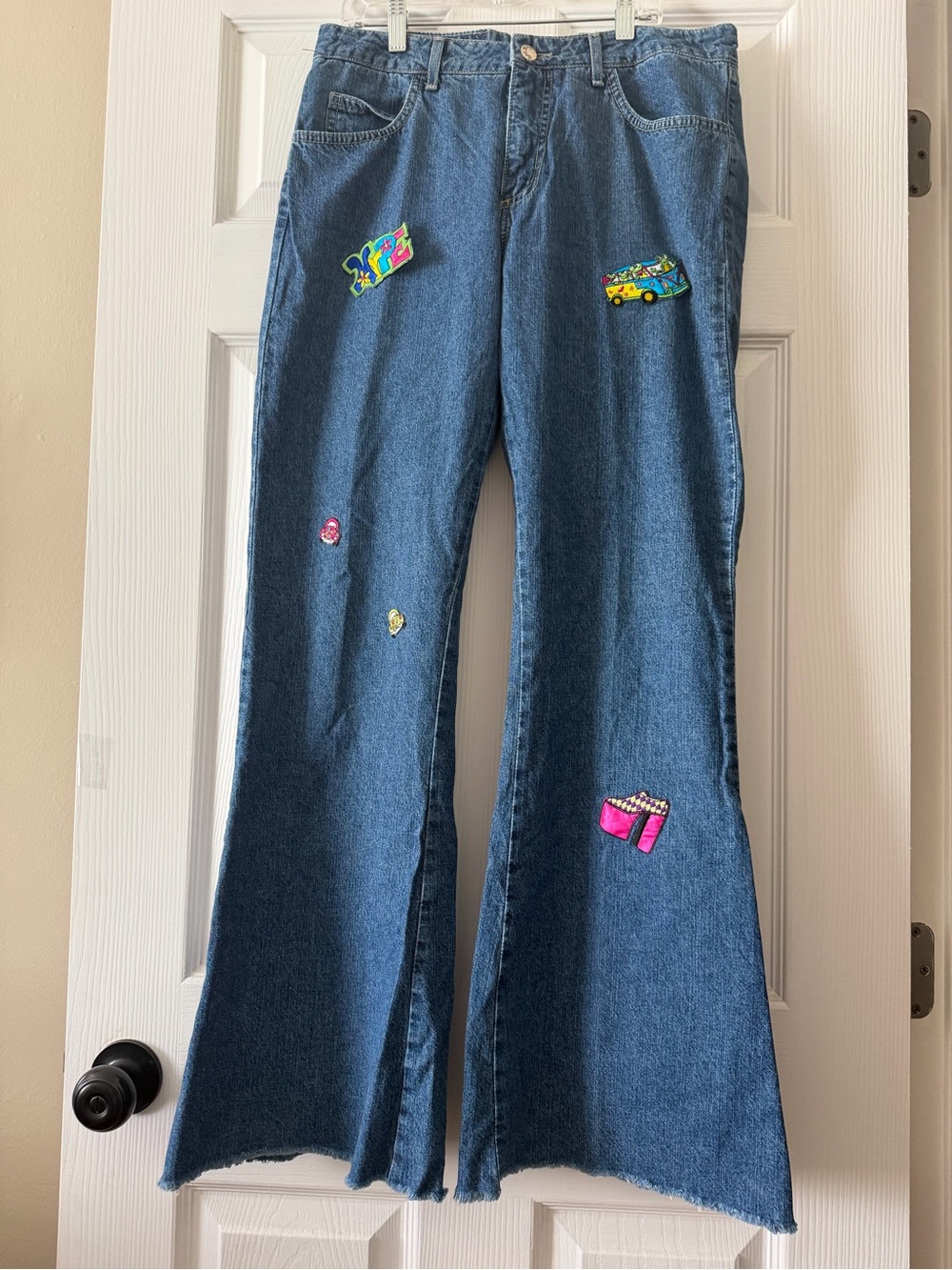Vintage Paris Blues Dark Blue Bell Bottom Jeans with Colorful Patch Details